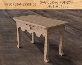 May include: A light brown wooden side table with a single drawer and ornate legs. The table has a rectangular top and is labeled "#GEORGIANESSENCE SVG·CDR·AI·PDF·DXF DIGITAL FILE".