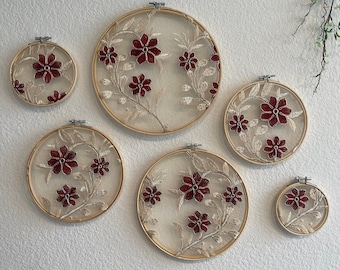 Burgundy Floral Embroidery Hoop Wall Art, Set of 6