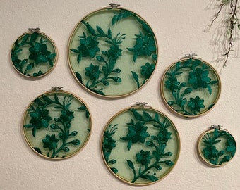 Green  embroidery flowers wall decor home decor wall art wall hangings green  wall covering wall hangings art wall decorations home gifts