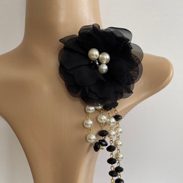 Black flower brooch pin black flower lapel pin black pearl brooch flower brooch pin shoulder corsage vintage brooch gifts for Mom accessory