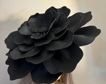 Oversized Black Flower Fascinator: Kentucky Derby Hat, Headpiece (17.5”)