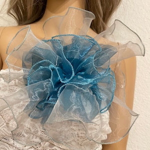 Large blue and white organza flower brooch party brooch large pin flower oversized organza flower brooch accessories gift for her size