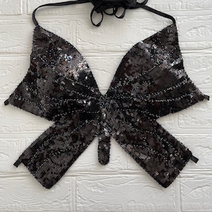 Black y2k top black y2k butterfly top women’s y2k butterfly black sequin music festival dance beach summer crop top rave summer top