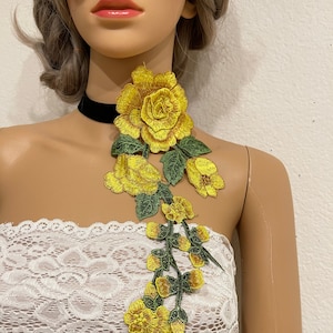 Embroidery yellow rose choker necklace yellow flower choker necklace adjustable boho flower necklace choker yellow flower necklace choker