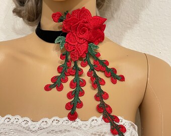 Collana Girocollo Vintage Con Fiore Di Rosa Rossa In Velluto E Pizzo, Stile Boho E Gotico, Fatto A Mano
