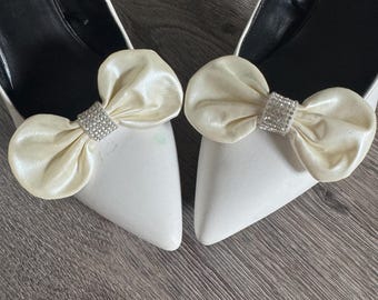 Bridal Ivory Faux Leather Bow Shoe Clips, Wedding Accessory (Set)