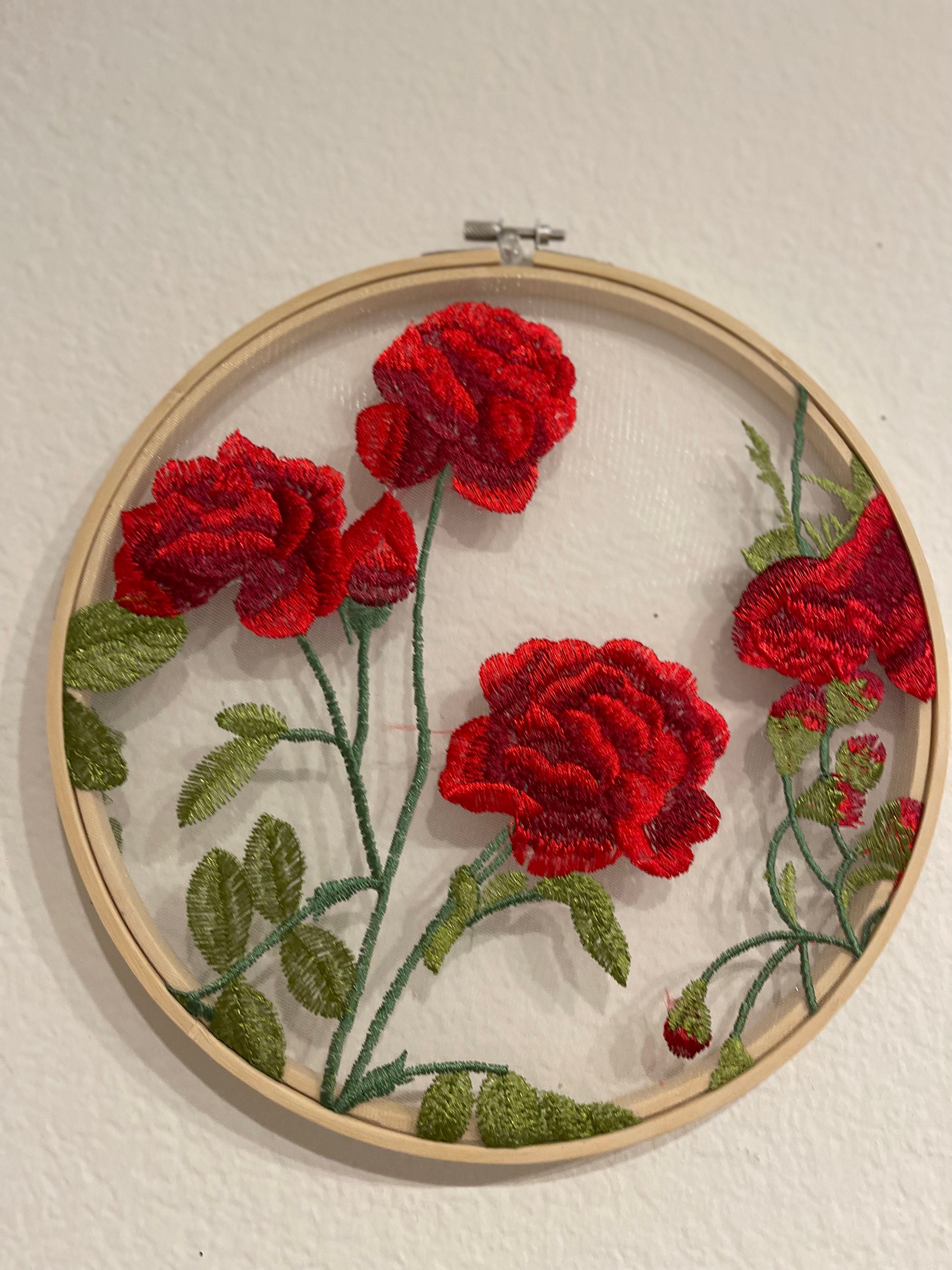 Handmade Red Rose Embroidery Hoop Art, Floral Wall Decor - Etsy