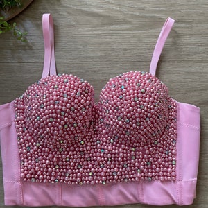 Women’s sexy pink pearl beaded rhinestone bustier crop top push up pink corset top summer music  festival party wedding bridal party crop