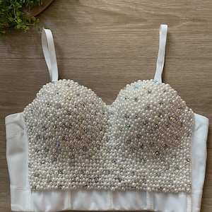 Women’s pearls rhinestone bustier crop top for women wedding bustier top wedding corset top sweetheart top bridal corset bachelorette corset