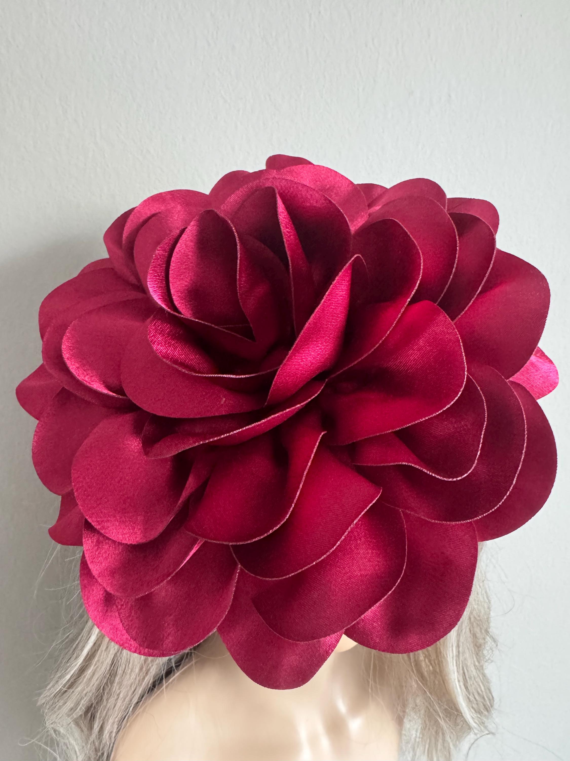 Red Floral Rose Fascinator Headband Kentucky Derby Ready Tea Garden Church Hat kentucky derby hat fascinator light red ombre satin rose  main image 4