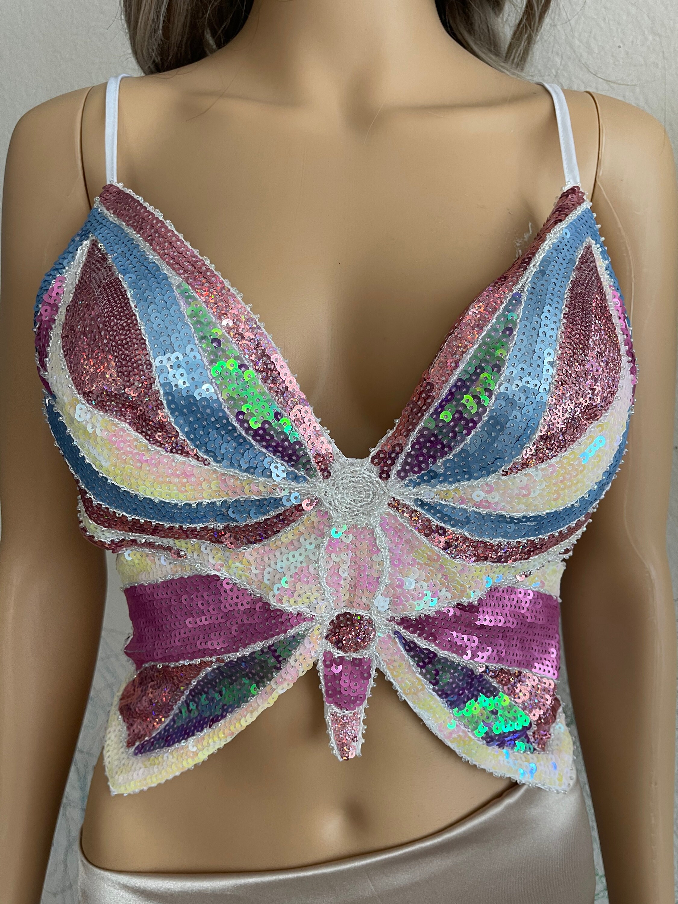 Women's Y2k Butterfly Sequin Summer Top Beach Day Outfit