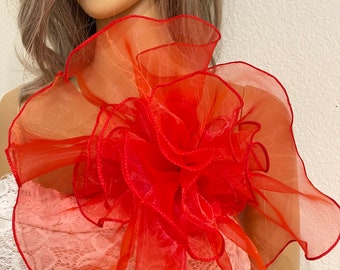 Red large organza flower brooch oversized red brooch pins large pins flower red flower pins large oversized brooch shoulder corsage size 12”