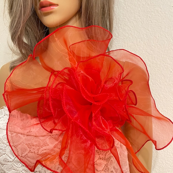 Grande broche fleur en organza rouge surdimensionnée broches rouges grandes épingles fleur fleur rouge épingles grande broche surdimensionnée épaule corsage taille 12"