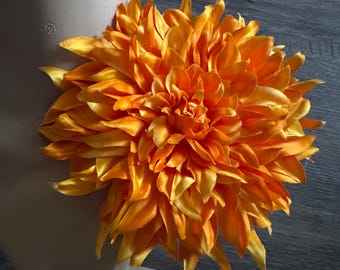 Large orange dahlia flower brooch pin orange flower shoulder corsage accessories flower size 8”