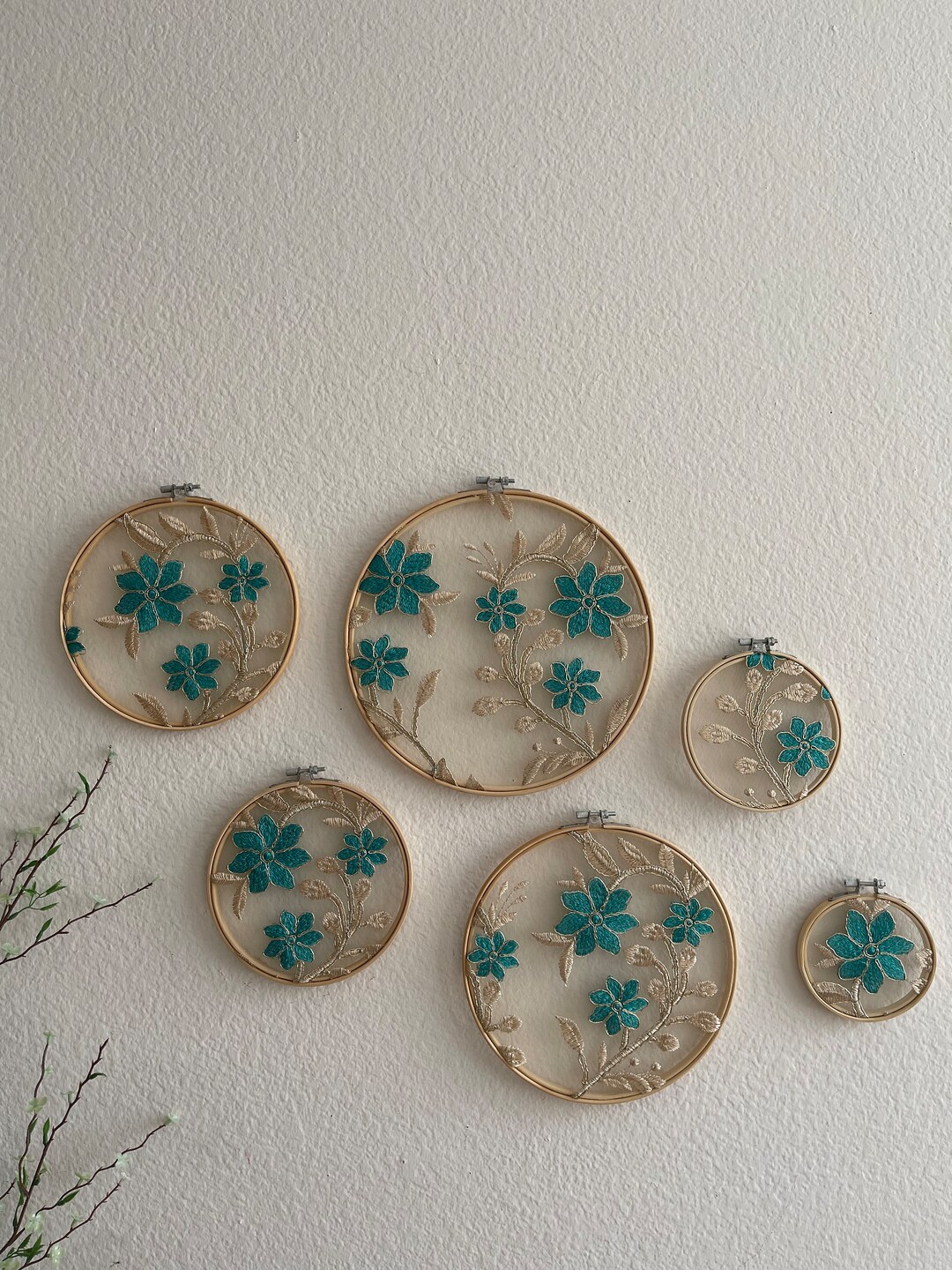 Embroidery Turquoise Flower Wall Decor Wall Art Green Floral Wall ...