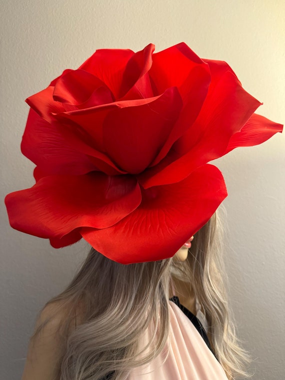 Handmade Floral Red Rose Headpiece Fascinator Flower Costume Hat Headband New Large Red Rose Flower Feather Teardrop Fascinator Hat  main image 2