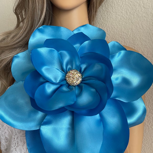 Large blue flower brooch pin blue flower shoulder corsage blue flower pin prom flower accessories wedding accessories gifts for her size 12”