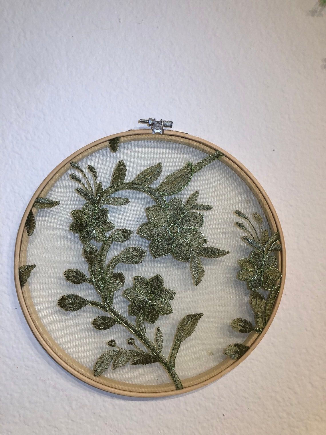 Embroidery Green Flower Wall Decor Wall Art Green Floral Wall Etsy