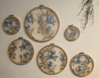 Blue Floral Embroidery Hoop Wall Art, Nursery Decor