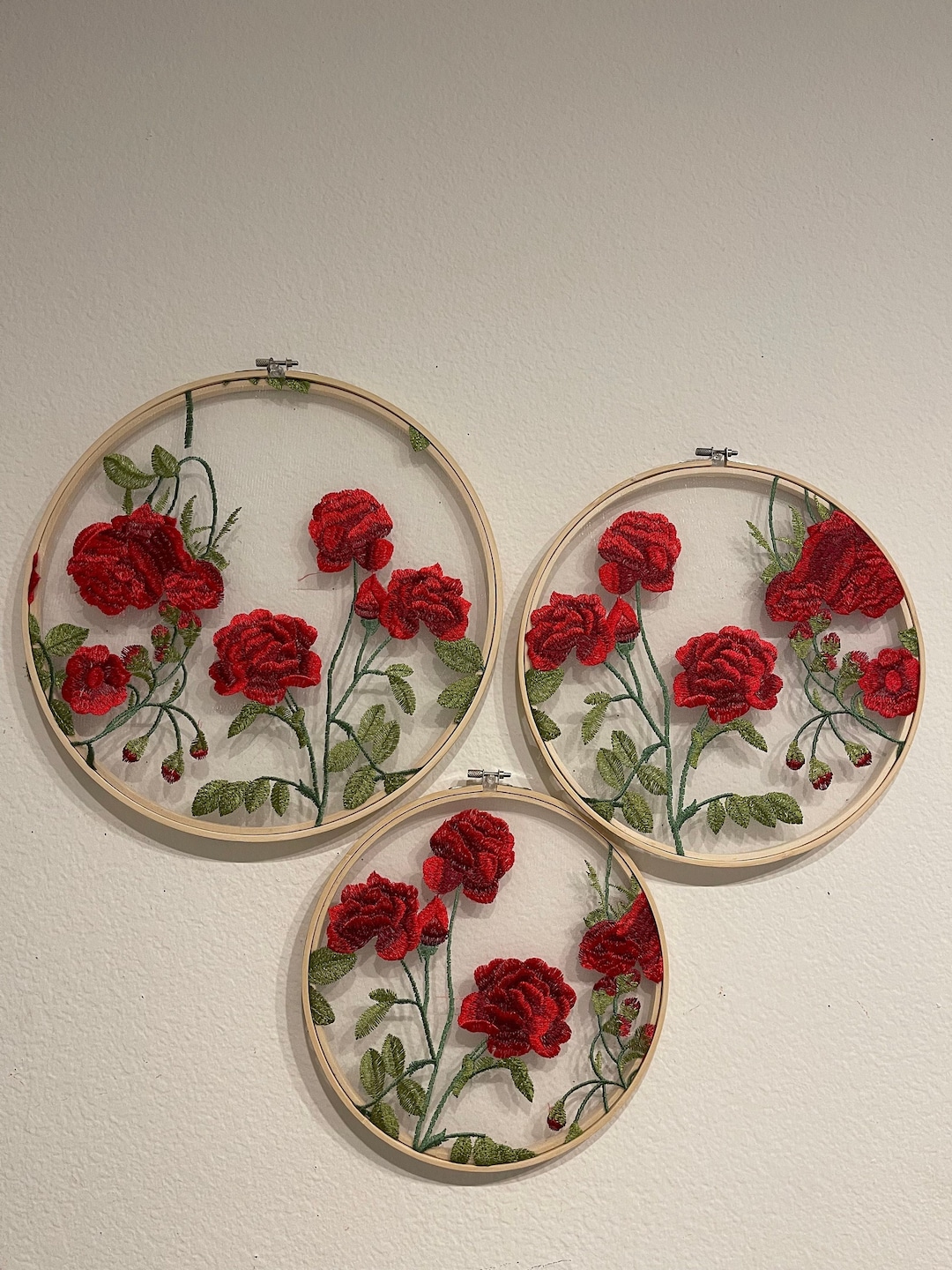 Handmade Red Rose Embroidery Hoop Art, Floral Wall Decor - Etsy