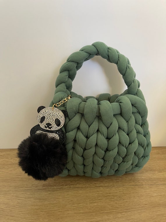 Handmade Green Chunky Knit Bag: Boho Shoulder Bag with Keychain