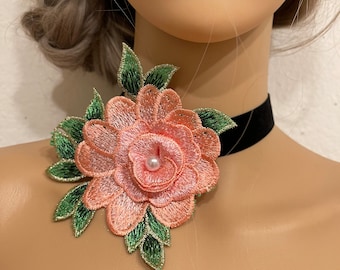 Pink flower velvet  embroidered flower velvet choker bridesmaids velvet choker pink flower velvet necklace