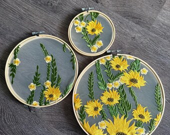 Decorazione murale ricamata con fiori gialli, da appendere su un cerchio, stile rustico da fattoria (5, 8, 9 pollici)