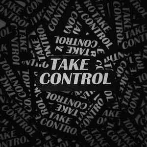 May include: Black and white image featuring multiple rectangular patches with the text "TAKE CONTROL" in a bold, white font. The patches are scattered across the image, creating a pattern. The patches are black with white text.