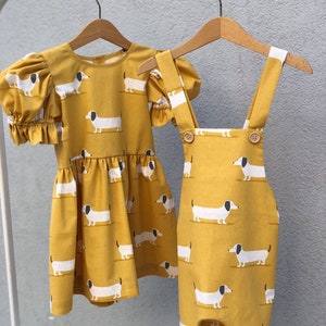 Brother & Sister matching Dog printed Yellow Dress, Sibling Dress, Matching Set, Big brother, Little Sister Romper, Overall, Birthday Dress