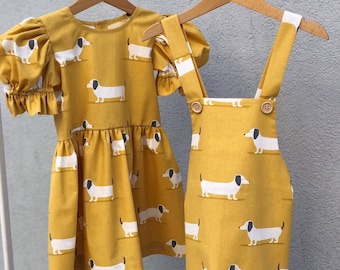 Yellow Boys Jumpsuit, Romper with Dog Prints, Jumpsuit Overall, Birthday Baby Boy, Twins Set, Siblings Set, Summer Romper