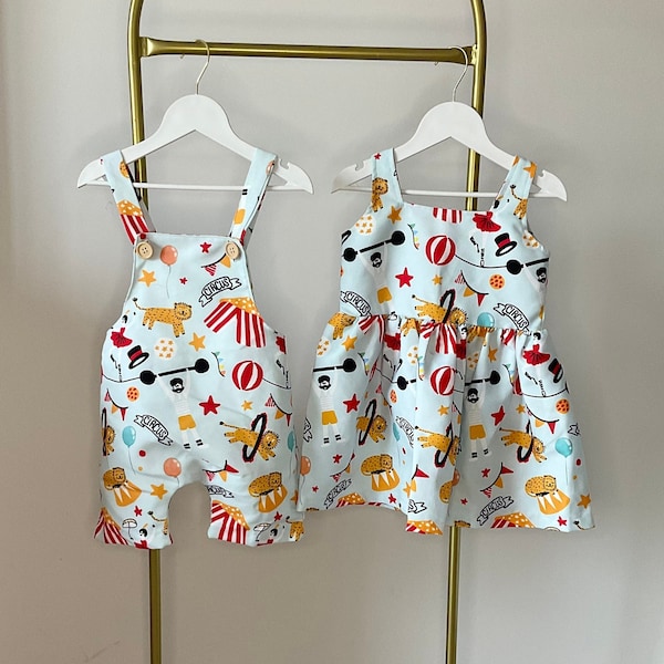 Circus Carnaval Boys Birthday Overall, Romper, Twins Carnival Set, Matching Set, Brother & Sister, Sibling Costume, 1st birthday