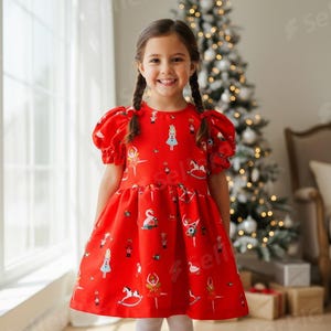Vestido Cascanueces de Lino Rojo: Elegante Atuendo de Fiesta con Mangas Globo