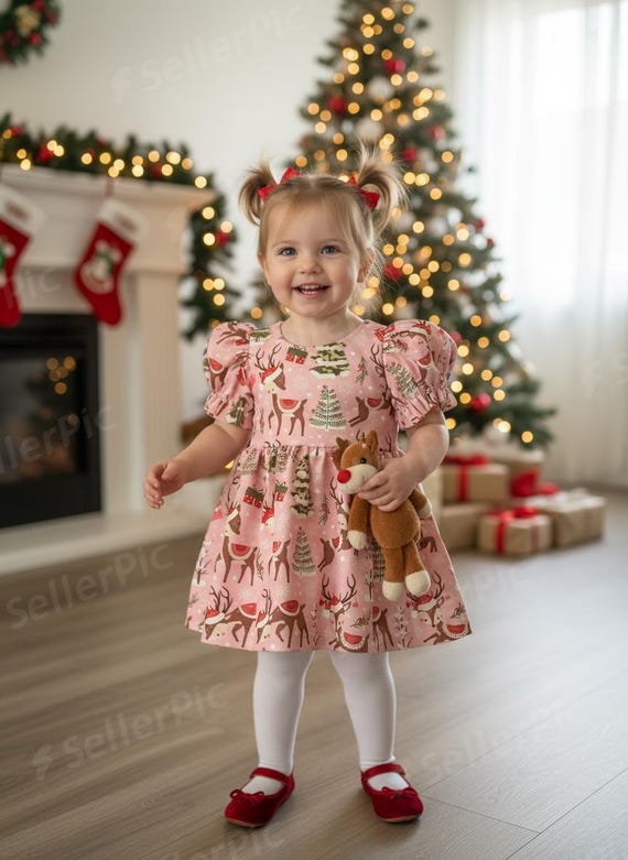 reindeer christmas dress Pink Christmas Toddler Dress, Reindeer & Tree Print, Balloon Sleeve
