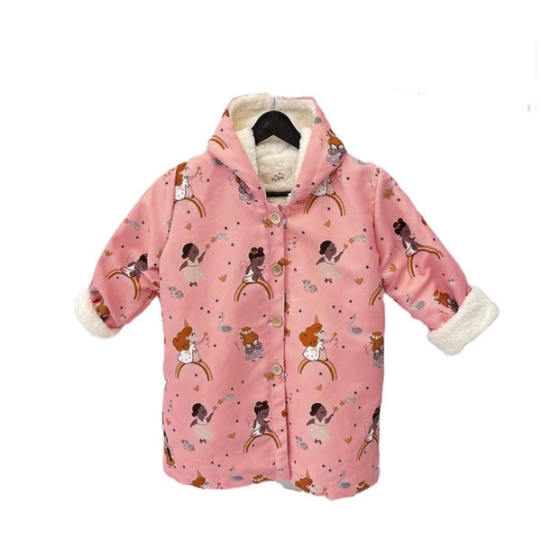 Parka d'hiver rose chic à capuche pour fille avec fée, imprimés arc-en-ciel, tenue d'école, manteau avec fourrure, veste pour tout-petit avec boutons