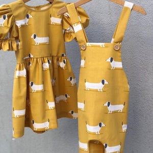 Brother & Sister matching Dog printed Yellow Matching Set, Sibling Matching Set, Twinning Outfits, Big brother, Little Sister, Dress, Romper