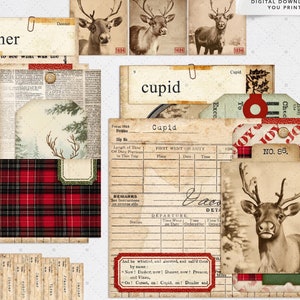 vintage christmas reindeer pocket clusters, junk journaling, luggage tags,reindeer photos, christmas plaid,vintage style.