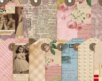 Valentine Collage Junk Journal Tags v1, Vintage Valentine&#39;s Day Extras Pack, Digital, Printable Ephemera, Paper Craft, Collage Sheet 8.5x11