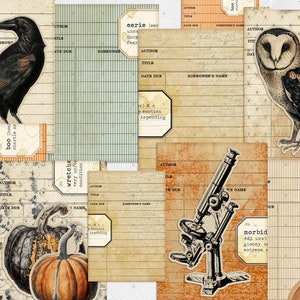 May include: A set of 16 printable Halloween library cards featuring vintage-style illustrations of a raven, owl, pumpkin, microscope, and text. The cards are designed for scrapbooking, junk journaling, and other paper crafts.