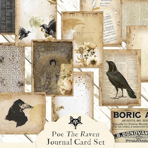 Conjunto de Cartões de Diário Poe The Raven | 12 Cartões Góticos para Imprimir | Itens Vintage para Diários de Inúteis, Etiquetas, Halloween e Artesanato Literário