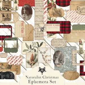 Naturalist Christmas Ephemera Set | Printable Vintage Holiday Junk Journal Kit | 36 Piece Collage Pack | Instant Download PDF + JPEG