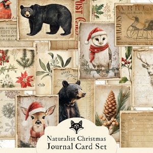 Cartões de Natal Naturalistas | 16 Cartões Vintage para Imprimir para Diários de Natal e Colagens | Conjunto de Objetos Digitais – PDF + JPEG