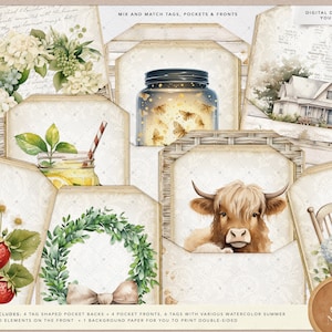 Summer on the Farm Pocket Tag Set, Farmhouse, Floral, Junk Journal Kit, Printable Ephemera, Papers, Tags, Scrapbooking, Digital Papers