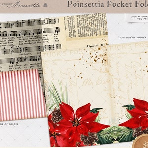 Christmas Poinsettia, Junk Journal, Pocket Folder, Ephemera, Farmhouse, Digital, Download, Junk Journal Kit, Printable Folders, Journaling