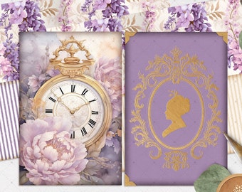 May include: Two printable pocket folders with a purple background and gold accents. One folder features a vintage pocket watch with roman numerals and a floral design. The other folder features a silhouette of a woman in a gold frame. The text "Wisteria & Whispers Folders" is at the top of the image. The text "DIGITAL DOWNLOAD - YOU PRINT" is below the folders. The text "SET INCLUDES: 2 POCKET FOLDERS + 1 BACKGROUND PAPER FOR YOU TO PRINT DOUBLE-SIDED" is at the bottom of the image.