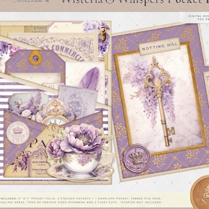 May include: A purple and gold pocket folio with a floral design and a key. The folio has a title that reads "Wisteria & Whispers Pocket Folio". The folio is a digital download and you print it yourself. The folio includes a 5 x 7 pocket folio, 2 stacked pockets, 1 envelope pocket, a tabbed file page, journaling areas, tons of various sized ephemera and 2 fussy cuts. Staples are not included.