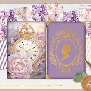 May include: Two printable pocket folders with a purple background and gold accents. One folder features a vintage pocket watch with roman numerals and a floral design. The other folder features a silhouette of a woman in a gold frame. The text "Wisteria & Whispers Folders" is at the top of the image. The text "DIGITAL DOWNLOAD - YOU PRINT" is below the folders. The text "SET INCLUDES: 2 POCKET FOLDERS + 1 BACKGROUND PAPER FOR YOU TO PRINT DOUBLE-SIDED" is at the bottom of the image.