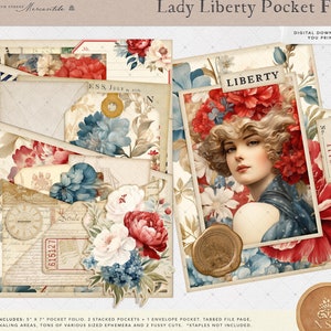 Lady Liberty Pocket Folio Set, Independence Day, Printable Junk Journal Kit, Vintage July 4th, Patriotic, Scrapbooking, Digital Papers