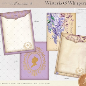 May include: Printable digital download for a notebook holder and various papers with a purple and gold floral theme. The text "Wisteria & Whispers NB" is at the top of the image. The text "Digital Download - You Print" is in the top right corner. The text "North Street Mercantile" is in the top left corner. The text "Set Includes: 4.25"H x 3.22"W Notebook Holder with & Various Papers." is at the bottom of the image.