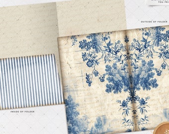 Delft Blue Junk Journal, Shabby Grunge, Pocket Folder, Neutral, Ephemera, Digital, Download, Junk Journal Kit, Printable Folders, Journaling