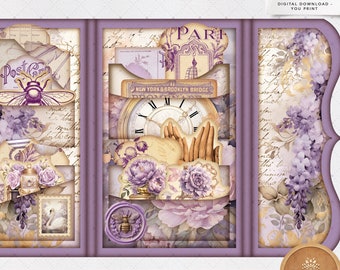 Peut inclure: Un pack de papier numérique pour scrapbooking et journalisation créative, en couleurs violet et crème. Le pack comprend un folio de 10,16 x 16,51 cm avec de nombreux éléments éphémères et deux papiers de fond. L'image présente une horloge vintage, une abeille, un cygne et un motif floral.